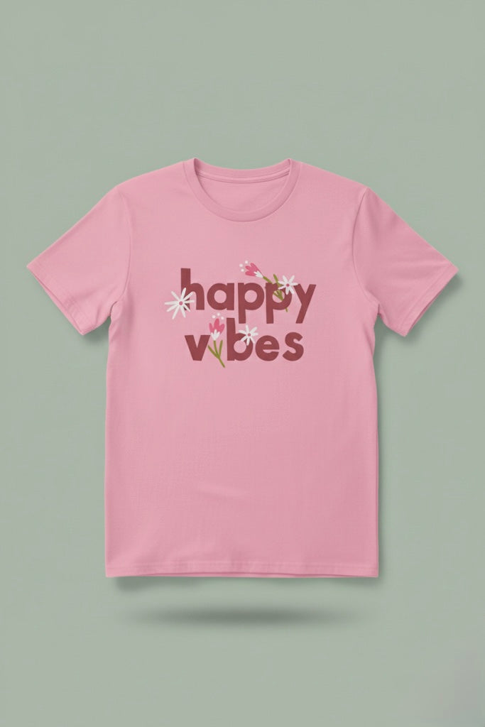 Happy Vibes Pink T-Shirt | Light Baby Pink Half-Sleeve Quote Tee | TheUnboxify.com